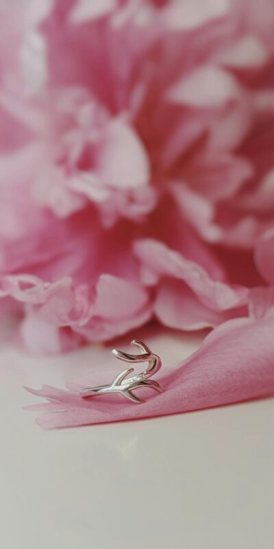 Elegant silver ring resting on a pink peony petal, embodying romance and beauty.
